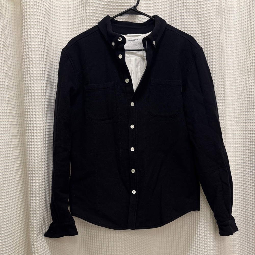Patrik Ervell Navy Button-Down Shirt Jacket - Large, Wool and Cotton